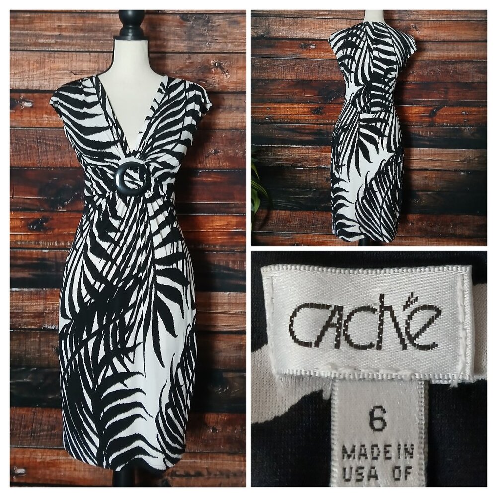 Cache Dress 6 White Black Palm Leaf Ruched Cap Sleeve Padded Made in USA
